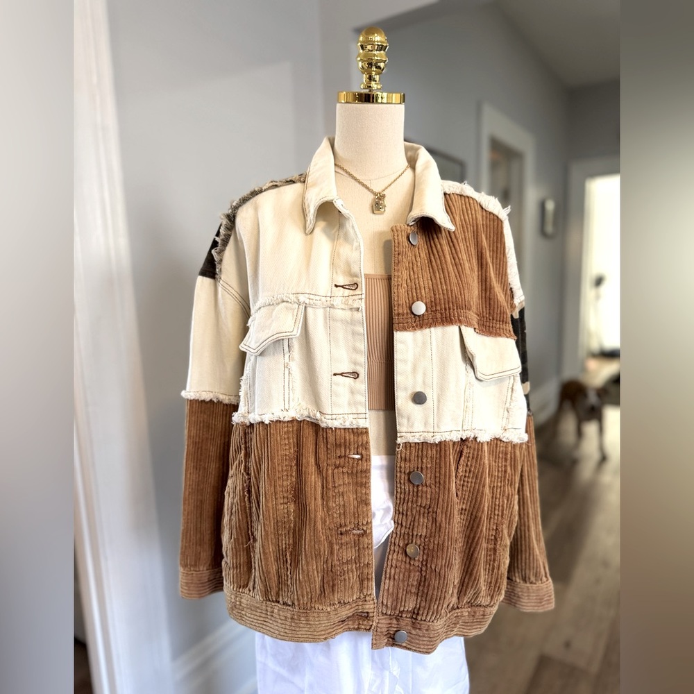 POL Women's Patchwork Corduroy Jacket - Cream and Brown